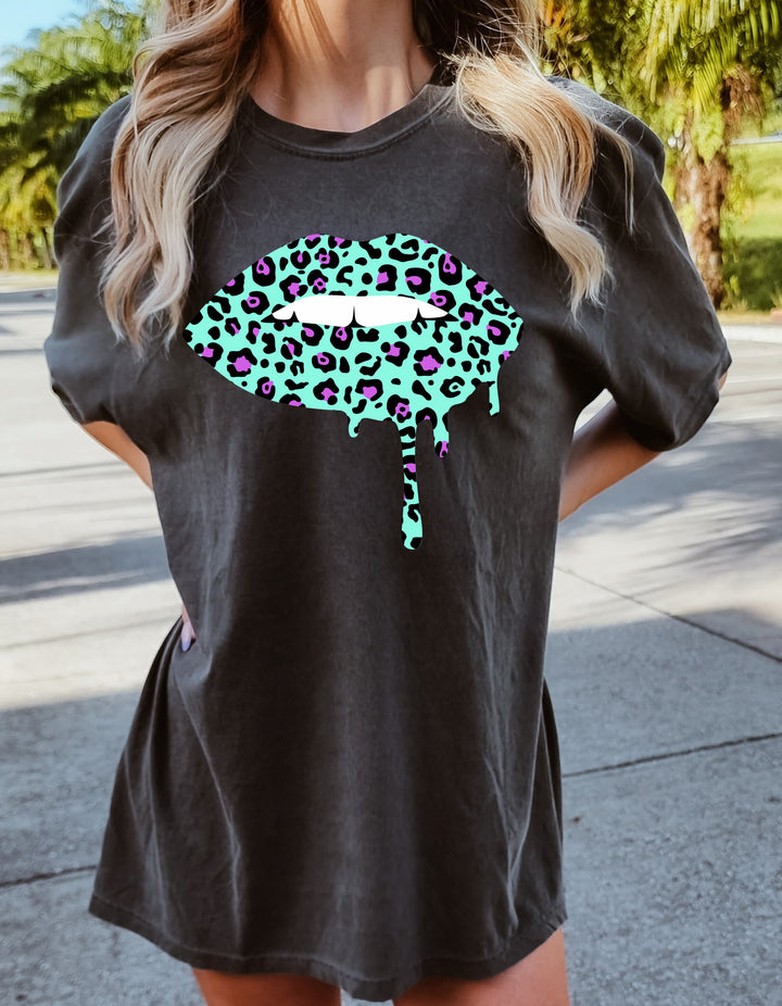 Aqua -Leopard Lips Tee-comfort colors 1717